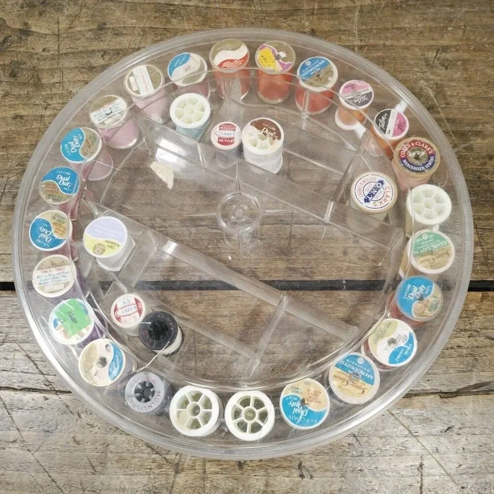 Vintage Plastic Round Sewing Supply Caddy Lid Supplies Spool Holder Thread Lot